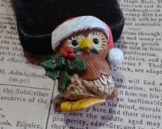 Hallmark Cute Owl in Santa Hat with Sprig of Holly Plastic Novelty Pin, Signed