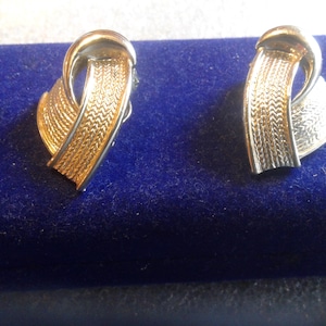 Light Goldtone Triangular Ribbon Knot Clip On Earrings, Marked Pat Pend