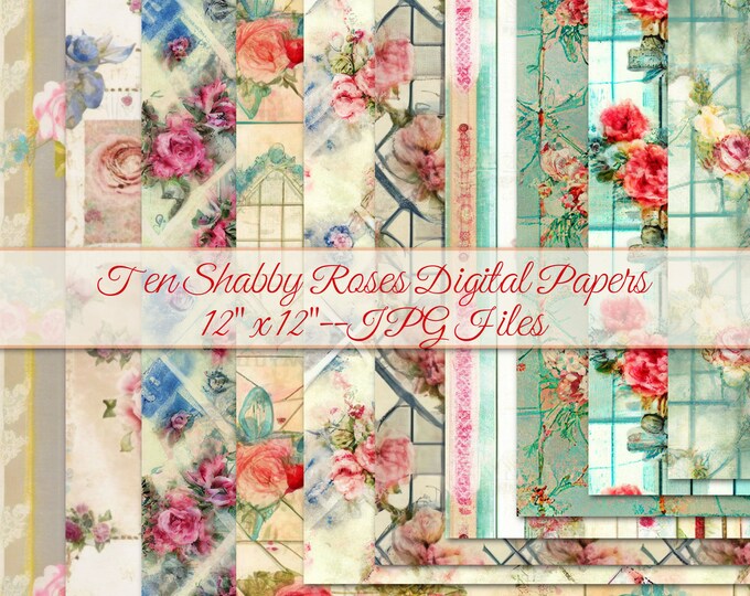 Ten Shabby Roses Digital Papers--12" x 12"--JPG Files