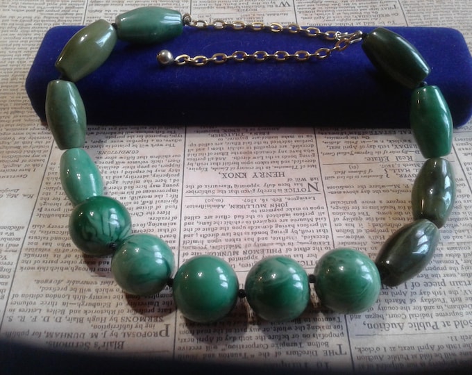 Chunky Lucite Faux Jade Necklace with Round and Barrel Shaped Beads and Hook Closure