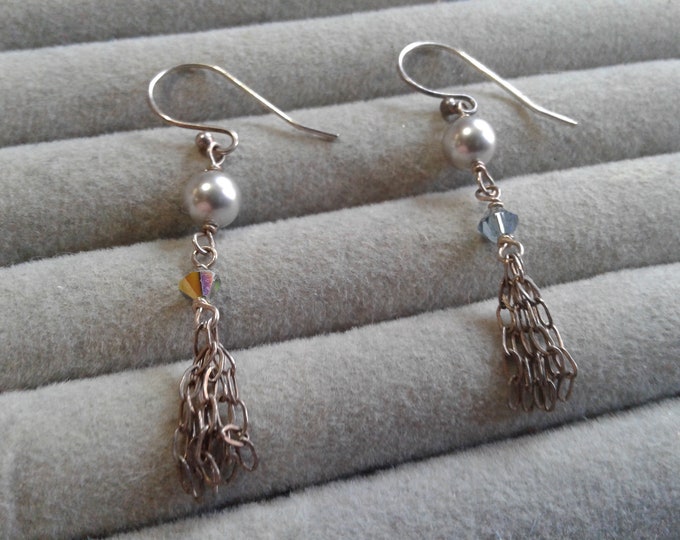 Unmarked Silver , Gray Glass Pearl and Blue Crystal Bead Chain Dangle Earrings