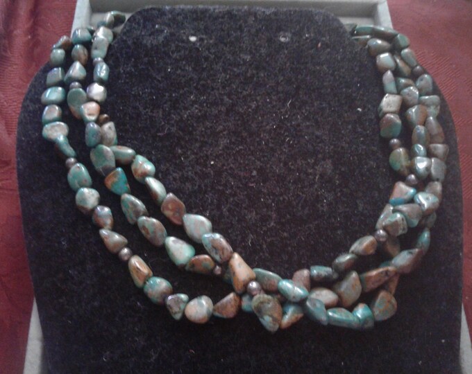 Zuni blue green turquoise and silver triple strand necklace