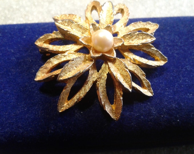 Midcentury Openwork Goldtone Floral Brooch with Cultured Pearl