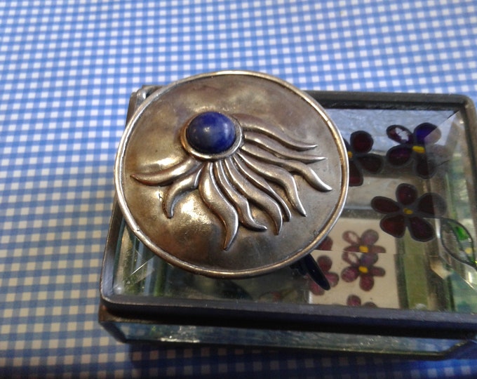 Large Round Modernist Brooch in Cast Metal with Stylized "Eye" with Blue Stone, Signed RCF