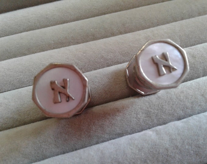 Silvertone Barrel Style Cufflinks with Mother of Pearl and Chinoiserie "N"s