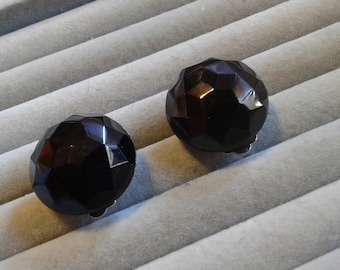 Faceted Black Glass Button Clip On Earrings, Marked "Made in Western Germany"