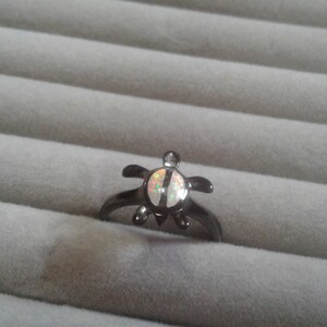 Sterling Silver and Synthetic Opal Turtle Ring, Blackened Finish, Size 8