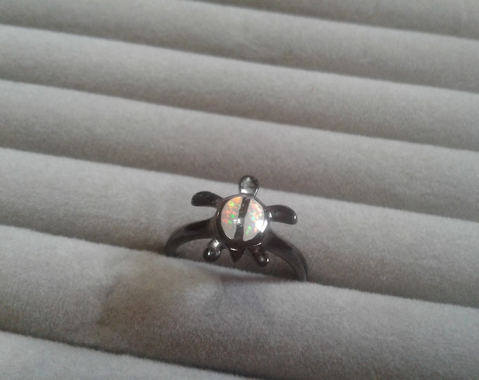 Sterling Silver and Synthetic Opal Turtle Ring, Blackened Finish, Size 8