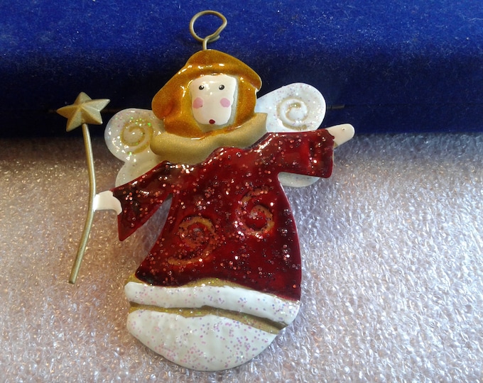 Large Goldtone Metal and Glitter Enamel Folk Art Angel