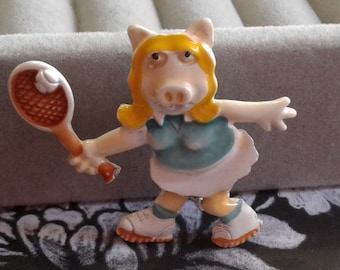 Tennis Playing Miss Piggy Pastel Over White Enamel Brooch