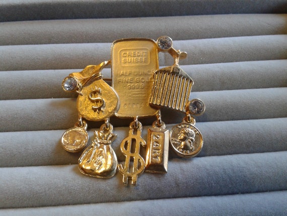 Signed and Faux Currency Rolls Royce Grill AJC Rich and Famous Matte and Shiny Goldtone Pin with Money Bag Rhinestones