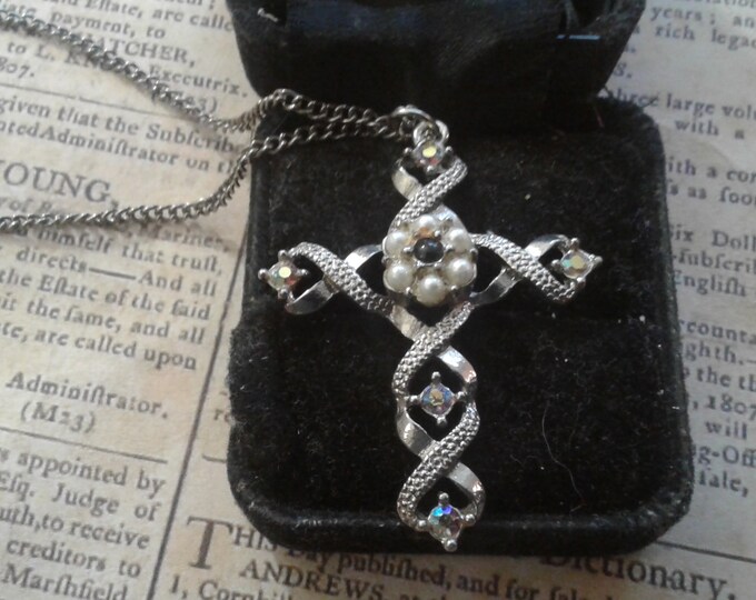 Large Silvertone Braided Cross with Faux Pearl and AB Rhinestones Pendant Necklace with Tab Clasp