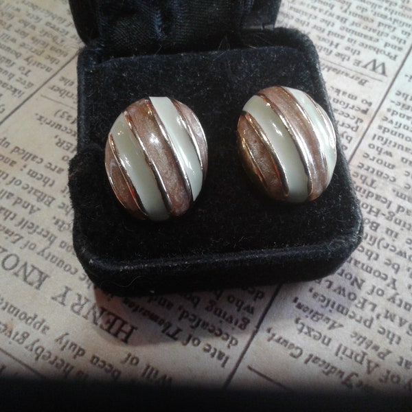 Fluted GoldtoneOval Post Back Button Earrings Striped in Pale Almond Green and Deep Champagne Enamel