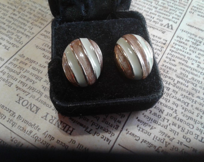 Fluted GoldtoneOval Post Back Button Earrings Striped in Pale Almond Green and Deep Champagne Enamel