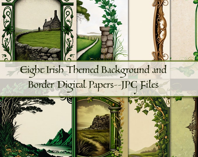 Eight Irish Themed Background and Bordered Digital Papers for Instant Download--JPG Files