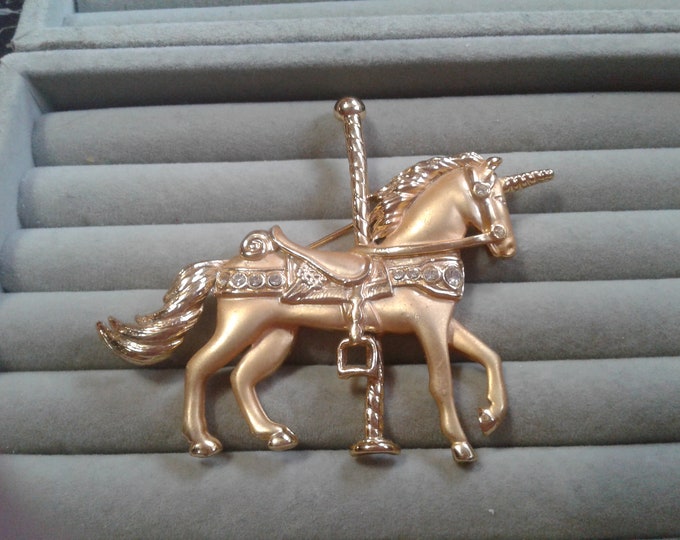Unicorn Carousel Horse Brooch in Matte and Bright Goldtone with Rhinestones