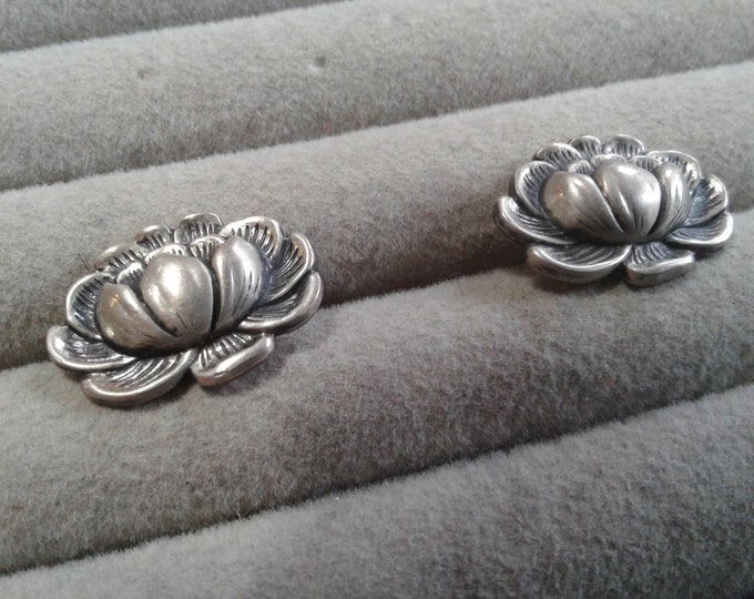 Sterling Silver Lotus Flower Screw Back Earrings, Marked Sterling