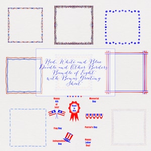 Red, White and Blue Doodle and Other Borders, Eight Plus a Bonus Patriotic Holiday Greeting Sheet