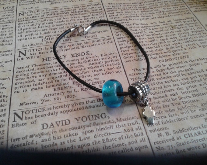 Sterling Silver, Leather Cord, and Blue Glass Bead Grunge Bracelet with Dangling Cross
