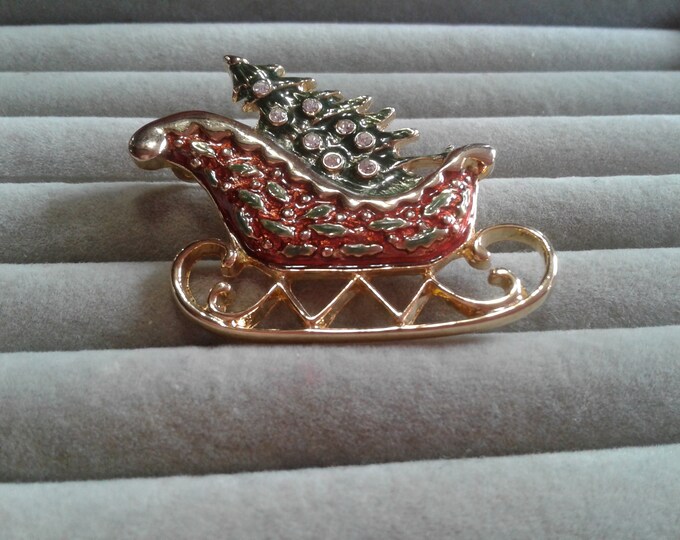 Rhinestone and Enamel on Goldtone Tree in Sleigh Brooch