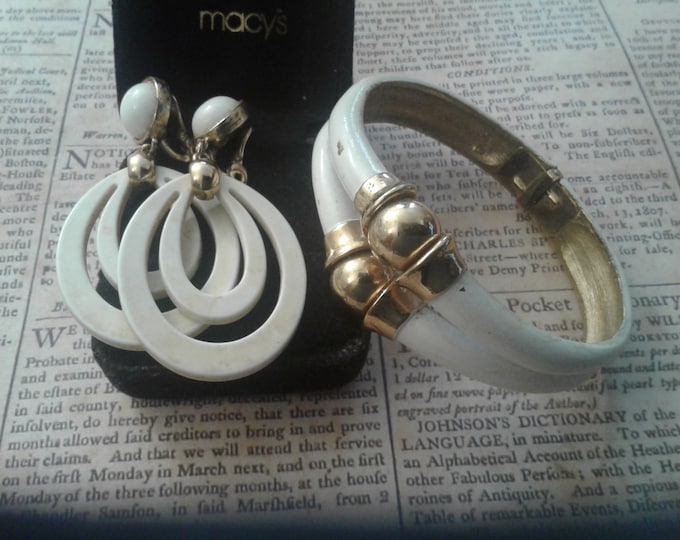 Monet Signed Clip On Earrings and Unsigned Clamper Bangle in Goldtone and Ivory