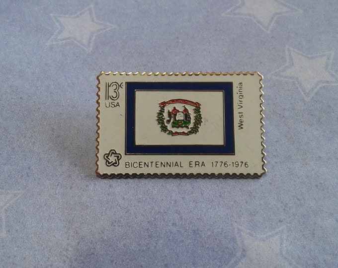 The March Co., Vintage Cloisonne Reproduction Bicentennial Stamp Clutch Pin, West Virginia, Signed