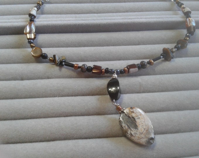 Vintage Handmade Y Necklace with Jasper, Shell, Glass, and Other Semi Precious Stone Beads