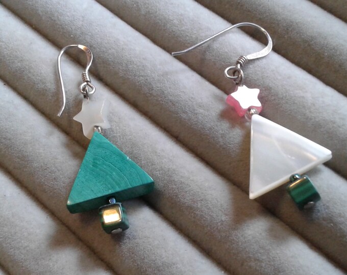 Sterling Silver, Malachite, Mother of Pearl, and Rhodochrosite Deliberately Mismated Abstract Christmas Tree Earrings,925