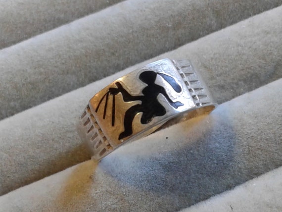 Taxco Sterling Silver and Black Inlay Adjustable Band Ring with Deity, Marked Sterling, Ana, 925, Taxco, Size 7