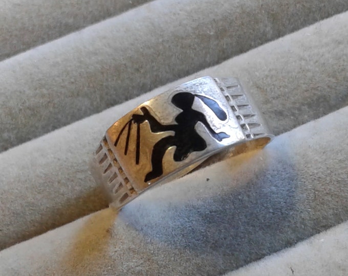 Taxco Sterling Silver and Black Inlay Adjustable Band Ring with Deity, Marked Sterling, Ana, 925, Taxco, Size 7