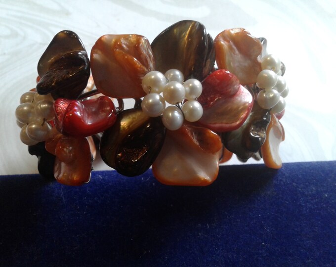 Dramatic Wired Floral Cuff of Freshwater Pearl and Dyed Shell