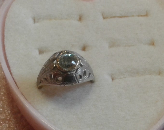 Antique Paste Plated Brass Art Deco Pierced Filigree Engagement Ring, Size 6