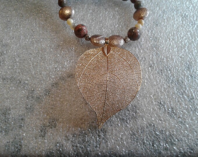 Plated Skeleton Leaf, Semi Precious Stone, Sterling Silver, and Glass Beaded Necklace, 925