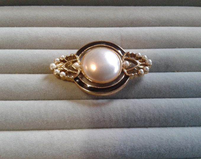 Small Oval Victorian Revival Filigree Goldtone and Faux Pearl Brooch, Four Styles Available, One with Dangle, New Style with Enamel
