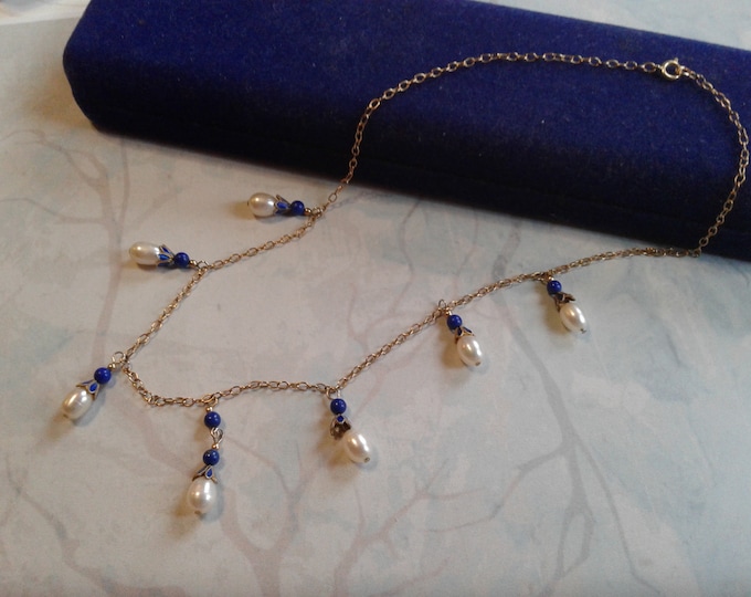 14K Gold Filled, Freshwater Pearl, Azurite, and Cobalt Enamel Necklace, Marked 14K GF "Sisco"