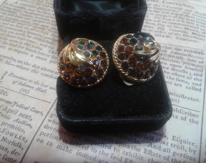 Goldtone Domed Clip On Button Earring with Leaf Detail and Multicolored Rhinestones