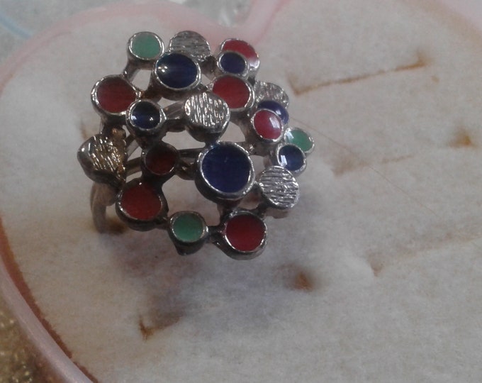 Modernist Satellite Pattern Fashion Ring in Silvertone with Red, Blue, and Green Enamel
