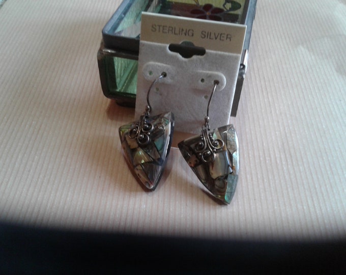 Sterling Silver and Curved Triangular Shell in Resin Dangle Earrings on Original Stock Card