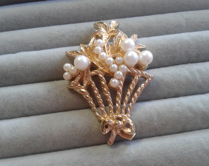 Christian Dior Gold Tone Basket and Bow Brooch with Faux Pearl Cascading Blossoms, Signed Chr. Dior, Germany
