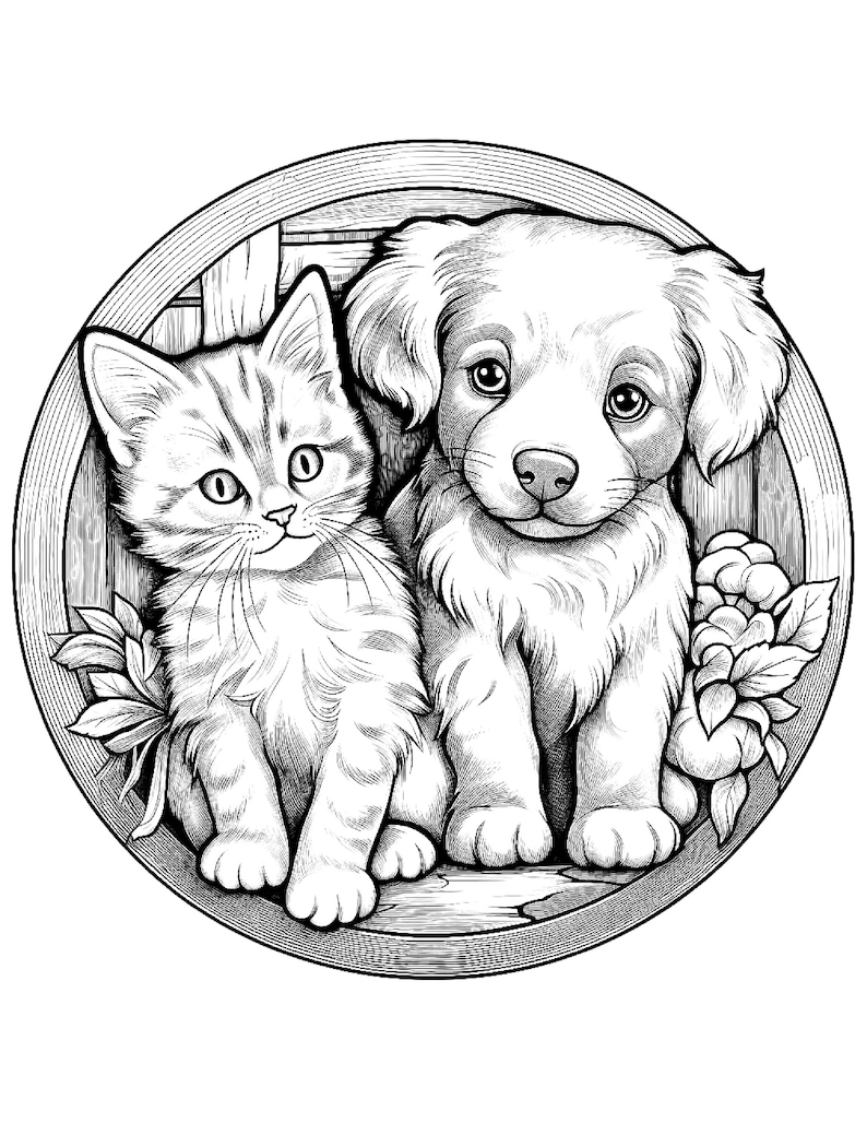 May include: A black and white illustration of a cat and a dog sitting together inside a wooden circle. The cat is on the left and the dog is on the right. Both animals are looking at the viewer.