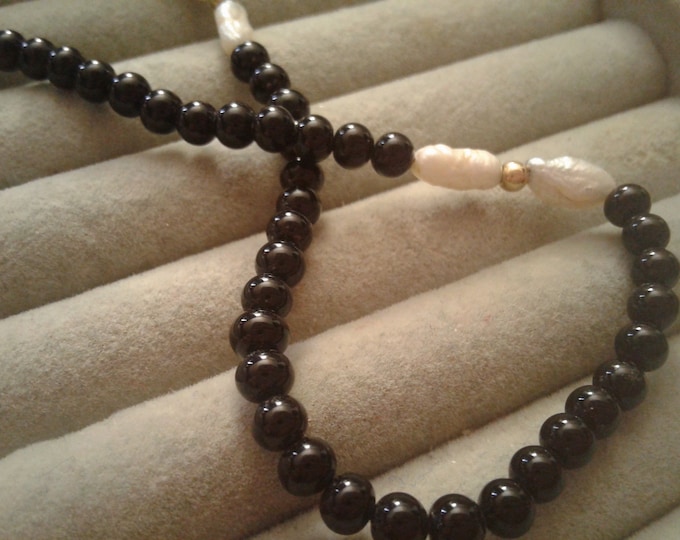 14K Yellow Gold, Quality Freshwater Pearl, and Black Onyx Beaded Necklace