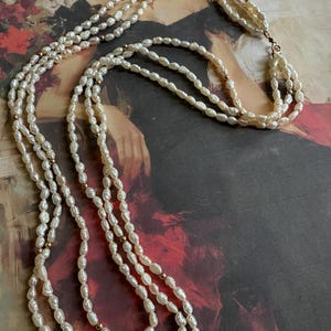 14K Yellow Gold and Freshwater Rice Pearl Triple Strand Necklace, Marked