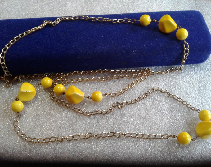 Long Goldtone Chain and Chunky Yellow Plastic Bead Station Necklace