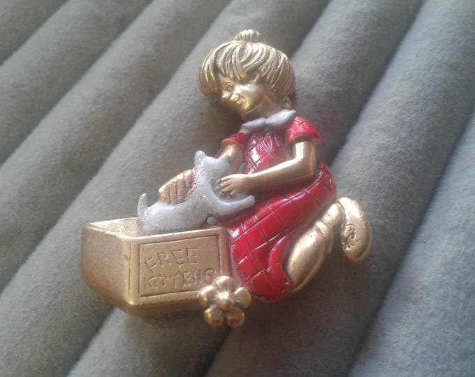 Danecraft Goldtone Cat Lady Girl with Free Kittens Box Cute Pin with Red Enamel, Signed