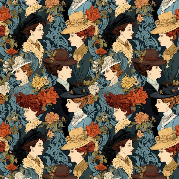 Victorian Ladies and Hats-Five Seamless Repeating Beautiful Vintage Patterned Papers--JPG Files--Instant Download