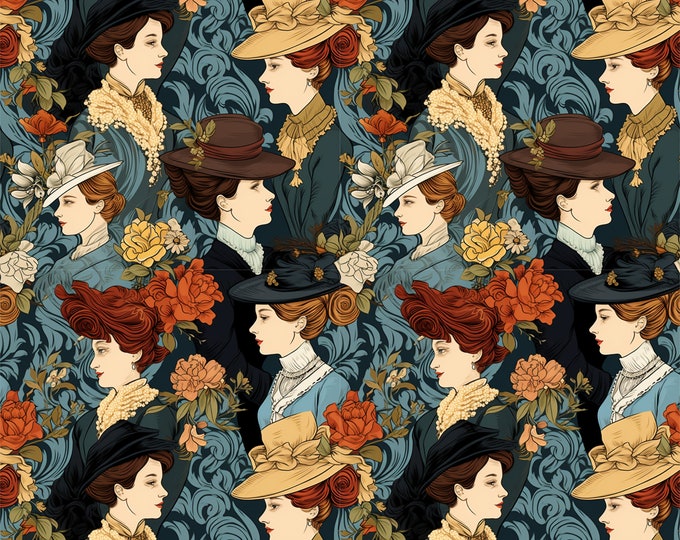 Victorian Ladies and Hats-Five Seamless Repeating Beautiful Vintage Patterned Papers--JPG Files--Instant Download
