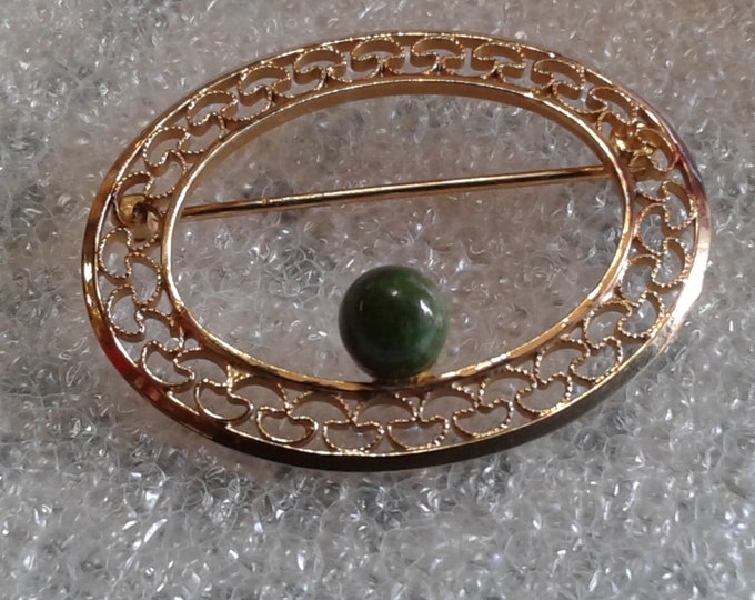 Burt Cassell 12K GF Oval Filigree Brooch with Jade Accent, Signed