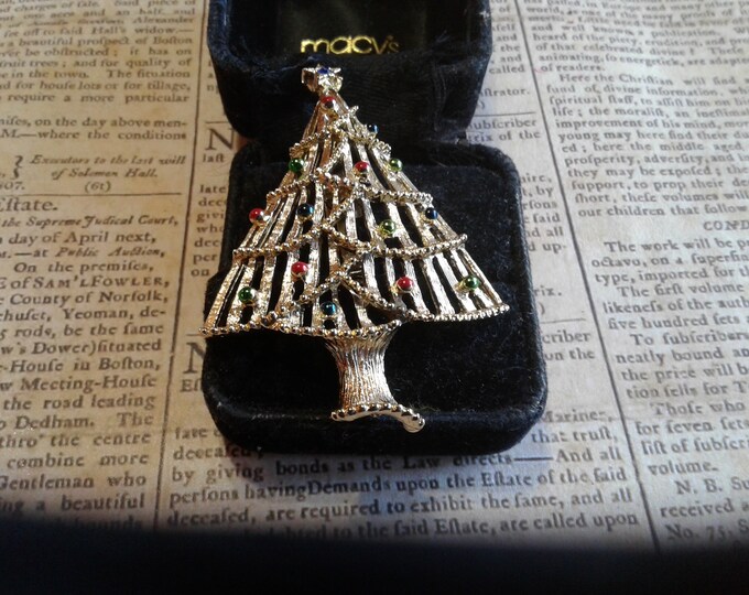 Gerrys Goldtone Modernist Christmas Tree with Enamel and Blue Rhinestone Star