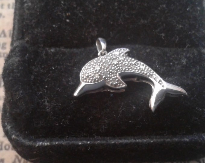 Well Made Sterling Silver Dolphin Pendant set with Small Clear Stones, Likely Diamonds, 925
