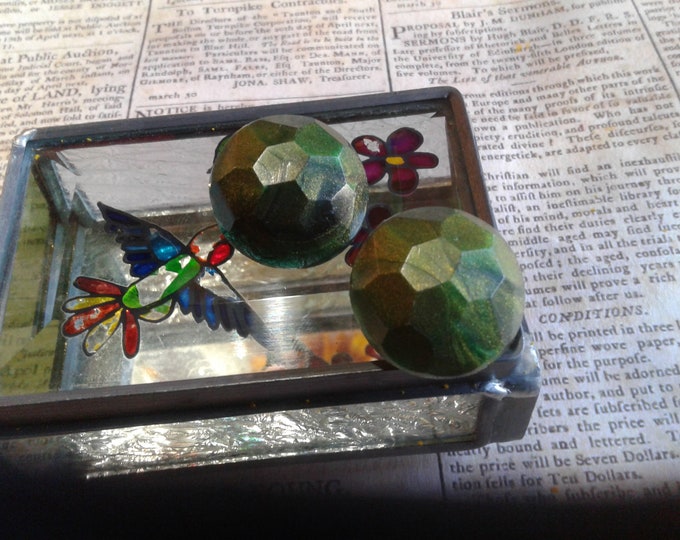 Faceted Molded Pearlized Metallic Olive Green Clip On Button Earrings, Marked Germany